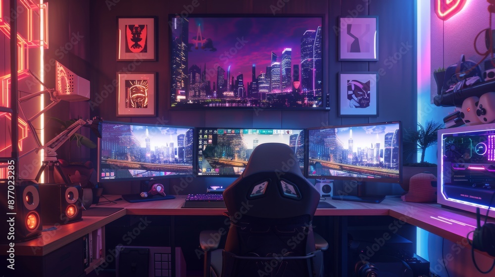 Poster a gamer's setup with three monitors displaying a cityscape. there are neon lights and a gaming chair