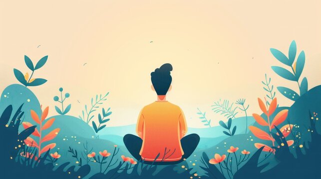 Flat design illustration of a person practicing mindfulness and relaxation techniques such as deep breathing or progressive muscle relaxation, set against a calming background with soft colors and