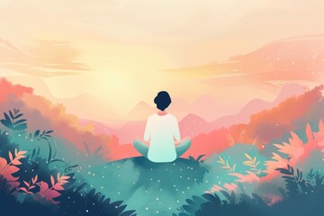 Obraz premium Flat design illustration of a person practicing mindfulness and relaxation techniques such as deep breathing or progressive muscle relaxation, set against a calming background with soft colors and