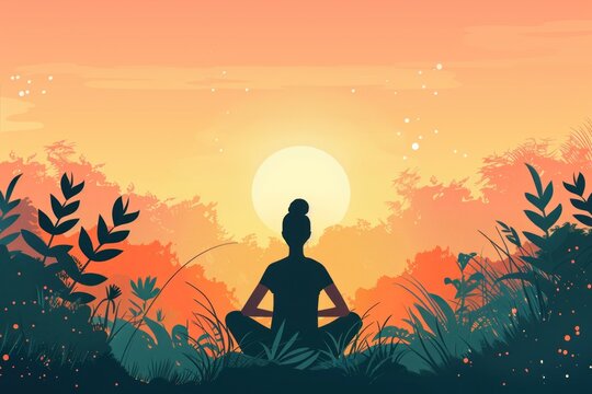 Flat design illustration of a person practicing mindfulness and relaxation techniques such as deep breathing or progressive muscle relaxation, set against a calming background with soft colors and