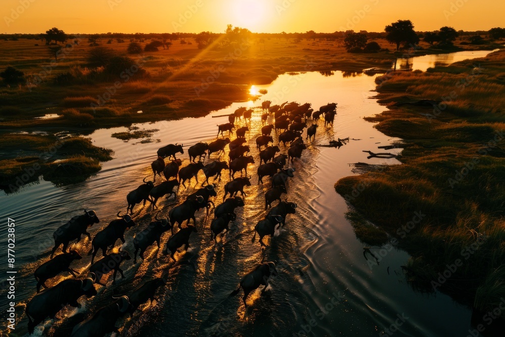 Poster aerial silhouette. large herd of cape buffalo crossing a river at sunset in the okavango delta