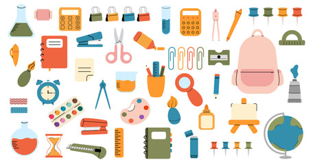 Set of school supplies in simple hand drawn style. Back to school