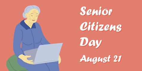 World senior citizen day template design with old woman with laptop communicating with others. Vector flat hand drawn illustration. Template for background, banner, card, poster with text inscription