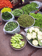 Fresh colorful vegetables in Indian street grocery market.