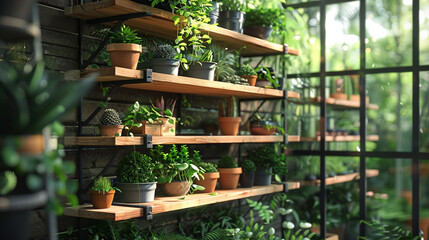 Rustic reclaimed wood shelves with wrought iron brackets, holding potted plants and gardening tools in a sunlit greenhouse with floor-to-ceiling windows.