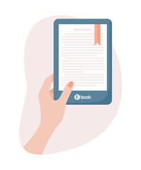 A woman reading an e-book. Female hand holding ebook reader. Flat vector clip art