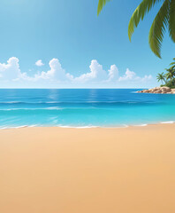 Fototapeta premium Tropical beach with blue ocean and palm trees against bright blue sky with white clouds