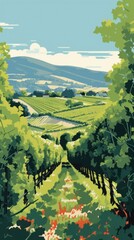 Obraz premium Woodblock print vineyard nature outdoors.