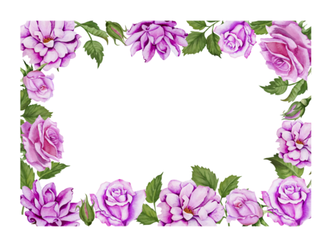 Romantic template with pink rose and green leaves. Watercolor flowers in border for wedding invitations, cards, stickers, prints and other decor. - Powered by Adobe
