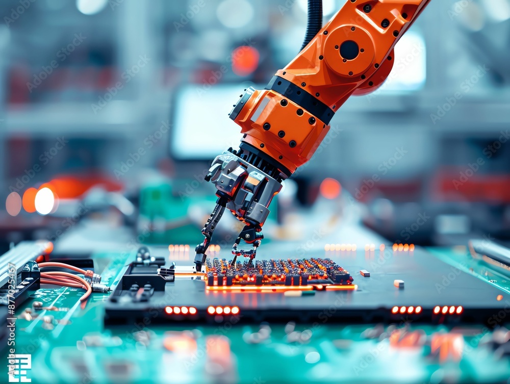 Poster a robotic arm in a factory setting assembles a circuit board. the robotic arm is orange and the circ