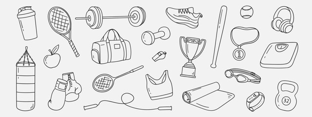 Set of drawings of sketches of sports equipment. Hand drawn sketch of healthy sport, gym. Vector illustration.