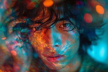 Obraz premium Close up portrait of asian man with vibrant neon lights, creating dramatic and ethereal atmosphere with colorful reflections, essence of urban nightlife, creative lighting photography