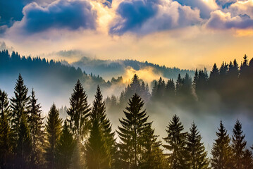 Obraz premium Beautiful sunrise at misty morning mountains with trees . - stock photo
