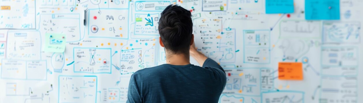 Woman reviewing notes on a whiteboard.