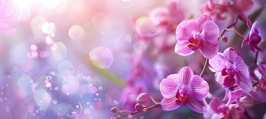 Pink orchids on a sparkling blurred background. Copy space. 