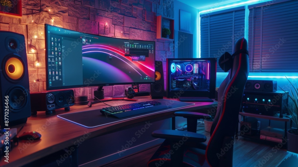 Poster a modern gaming setup with a curved monitor, keyboard, mouse, and gaming chair. the room is lit with