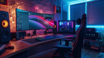 Fototapeta premium A modern gaming setup with a curved monitor, keyboard, mouse, and gaming chair. The room is lit with colorful lights and the computer case is visible.
