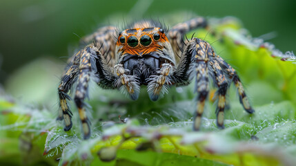 Macro View: Spider on Leaf. A stunning macro photograph of a spider perched on a leaf, showcasing the spider's detailed features and the delicate texture of the leaf.