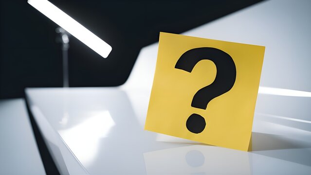 Bright yellow sticky note with a bold black question mark