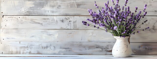 A bouquet of lavender in a white vase on a wooden background. Copy space. 