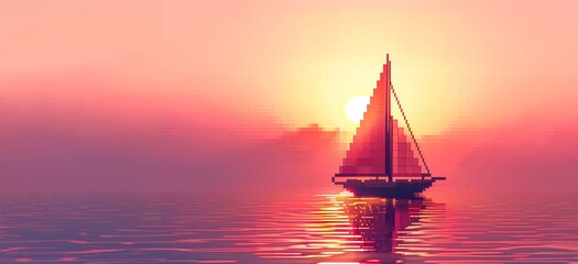 Fototapeta premium A pixel art sailboat, rendered in a low-poly, 8-bit style with a palette of pastel pink and red hues, glides across a pixelated ocean at sunset.