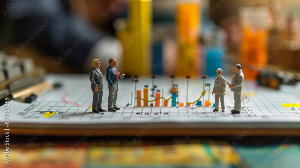Poster a detailed miniature business team discussing a financial report, with tiny charts and graphs displa