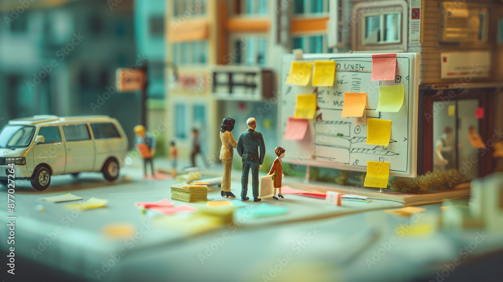 Poster a detailed miniature business team in a brainstorming session, using tiny sticky notes and whiteboar