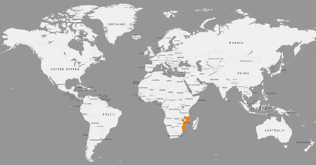 mozambique  map.Geographical map of mozambique with world map highlighted