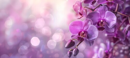 Pink orchids on a sparkling blurred background. Copy space. 