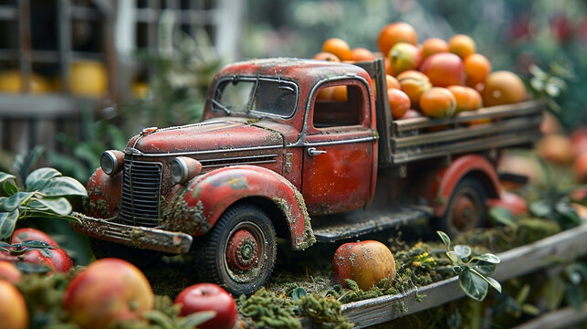 A detailed miniature vintage pickup truck from the 1940s, carrying tiny crates of produce, parked at a miniature farm.