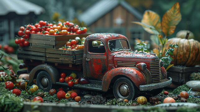 A detailed miniature vintage pickup truck from the 1940s, carrying tiny crates of produce, parked at a miniature farm.