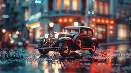 A miniature 1930s luxury car with a sleek design, parked in front of a tiny art deco building.