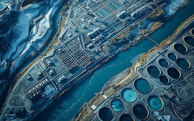 Obraz premium An aerial perspective reveals a sprawling industrial complex nestled beside a frozen river. Blue water tanks and production buildings stand stark against the vast, snow-covered landscape.