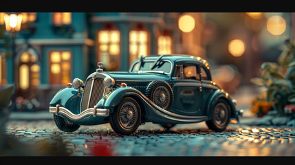 A miniature 1930s luxury car with a sleek design, parked in front of a tiny art deco building.