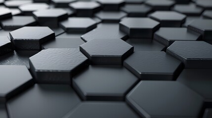 Abstract 3D rendering of black glossy hexagons with beveled edges. backgrounds.