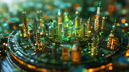 A vibrant circular city model where electronic devices seamlessly transition through various stages: use, recycling, refurbishing, and resale, symbolizing a perfect closed-loop system 