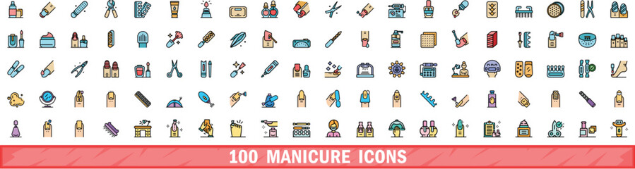 100 manicure icons set. Color line set of manicure vector icons thin line color flat on white