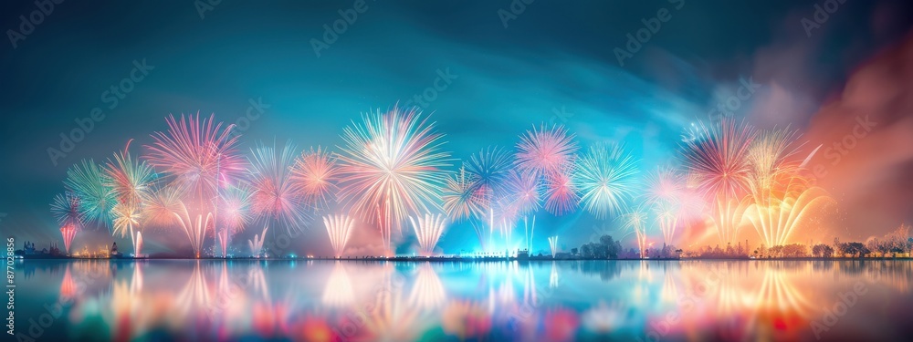Poster fireworks synchronized with a light show on a river, fireworks, synchronized show