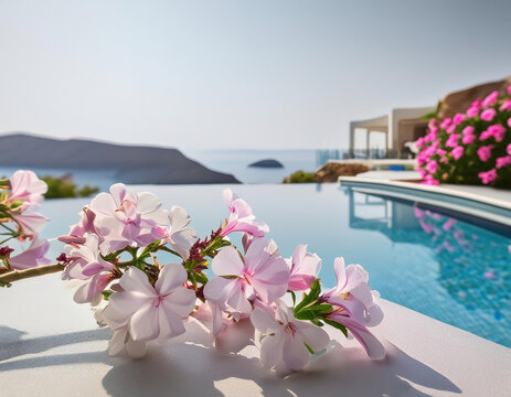 Swimming pool with blooming pink roses againts mountains and sea in hotel resort in Fethiye, T&uuml;rkiye