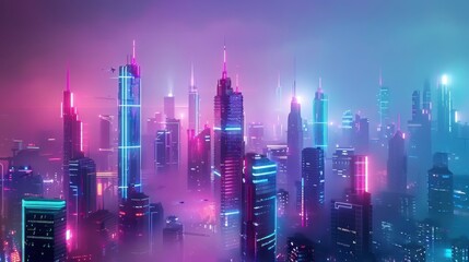 Obraz premium Futuristic city with towering skyscrapers and flying cars, neon lights, realistic, 8K, UHD