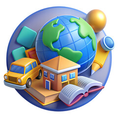 Fototapeta premium Educational icon with a globe, toy car, school building, book, pencil, and blocks. Represents learning and education concepts.