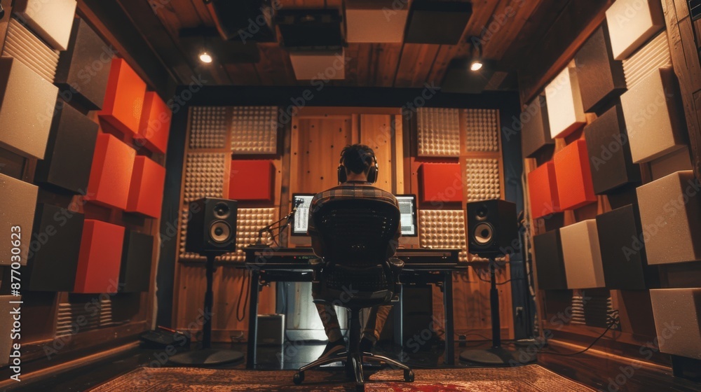 Poster A person sits in a chair in front of a desk with a computer monitor and studio speakers in a soundproof studio. The walls are lined with sound-absorbing panels.