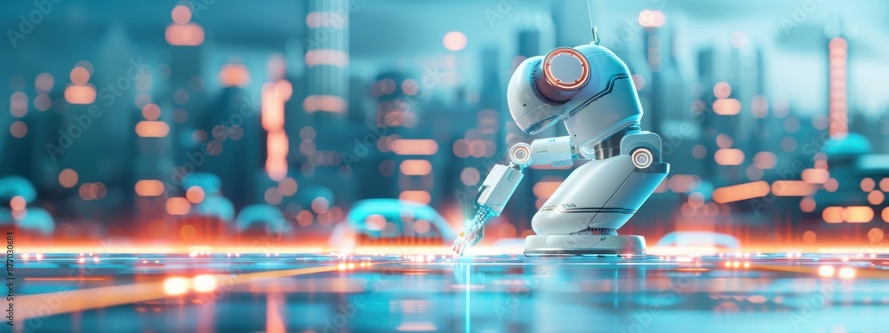 Poster futuristic visualization of automation systems enhancing connectivity, featuring robotic arms and au