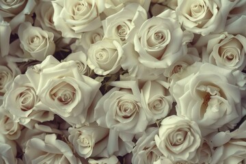 White Roses Top View. Vintage Style Floral Arrangement with Many White Roses