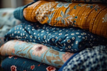 Fototapeta premium Work Table. Closeup of Fabrics for Autumn Baby Clothes Collection at Atelier