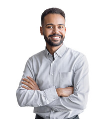 Portrait of handsome smiling young man with folded arms isolated transparent PNG, Joyful cheerful...