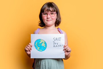 Young girl holding Save the Planet sign on yellow background