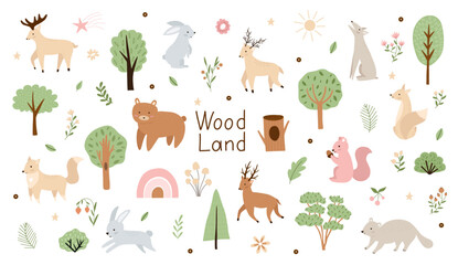 Woodland. Cute cartoon vector collection. Children set of hand drawn forest animals and trees with plants.