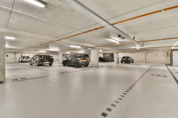 Spacious underground parking garage interior