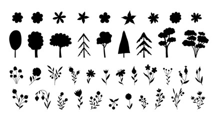 Big vector set of tree and flower silhouettes with plants. Hand drawn cute elements for your designs.
